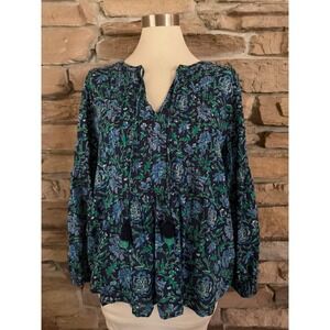 Vineyard Vines Floral Block Print Tassel Tie Blouse Blue Green Cotton Modal L